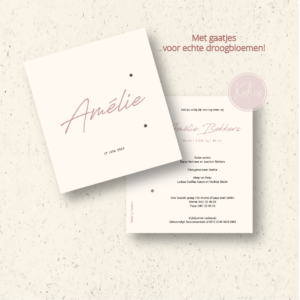 Geboortekaartje Amélie - met boorgaten voor echte droogbloemen